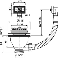 Výpust dřezová Alcadrain (Alcaplast) 6/4˝ s nerezovou mřížkou DN115 a fle x i přepadem A38