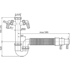 Sifon trubkový Alcadrain (Alcaplast) s převlečnou maticí 6/4˝, dvěma přípojkami a flexi hadicí A84-DN50/40