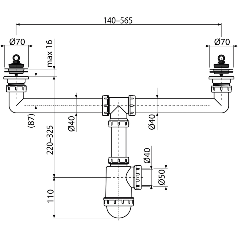 Sifon pro dvoudřez Alcadrain (Alcaplast) s nerezovými mřížkami DN70 A449-DN50/40