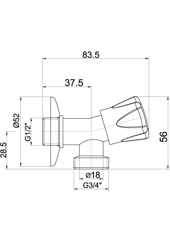 Nekulový pračkový ventil 1/2˝x3/4˝