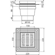 Podlahová vpust Alcadrain (Alcaplast) 150 x 150/110 mm přímá, mřížka nerez, límec 2. úrovně izolace, vodní zápachová uzávěra APV13