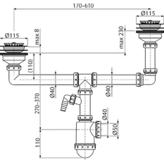 Sifon pro dvoudřez Alcadrain (Alcaplast) s nerezovými mřížkami DN115 dvouúrovňový a přípojkou A454P