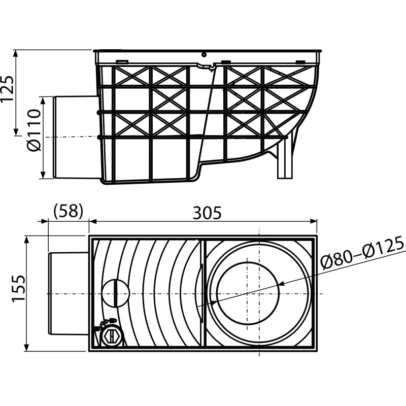 Univerzální lapač střešních splavenin Alcadrain (Alcaplast) 300 x 155/110 mm boční, černá AGV3