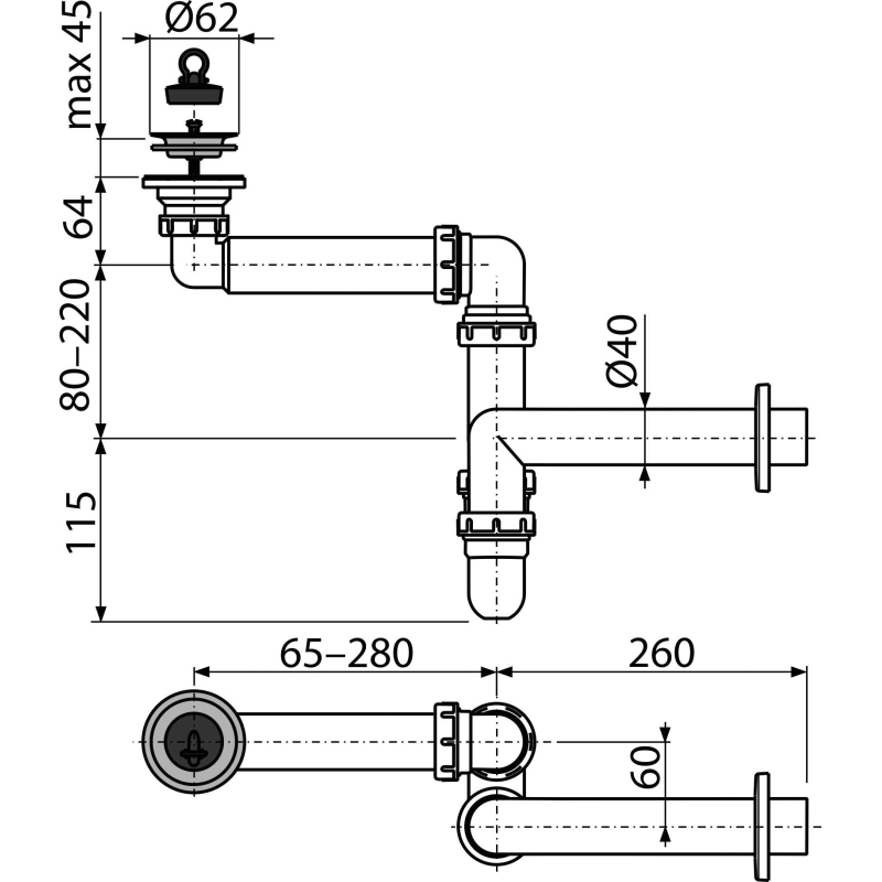 Prostorově úsporný umyvadlový sifon Alcadrain (Alcaplast) DN63 A413