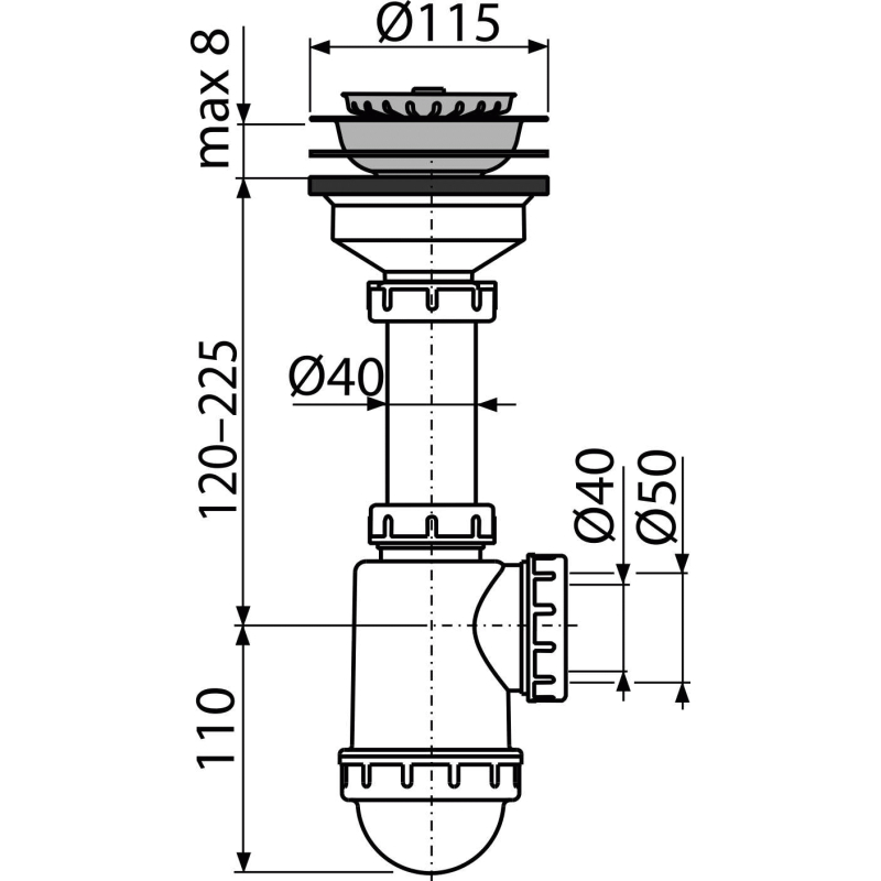 Sifon dřezový Alcadrain (Alcaplast) s nerezovou mřížkou DN115 A446-DN50/40