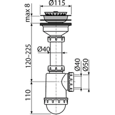 Sifon dřezový Alcadrain (Alcaplast) s nerezovou mřížkou DN115 A446-DN50/40