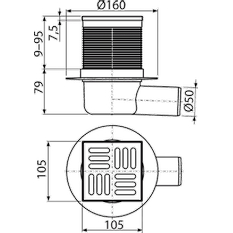 Podlahová vpust Alcadrain (Alcaplast) 105 x 105/50 mm boční, mřížka nerez, kombinovaná zápachová uzávěra SMART APV31