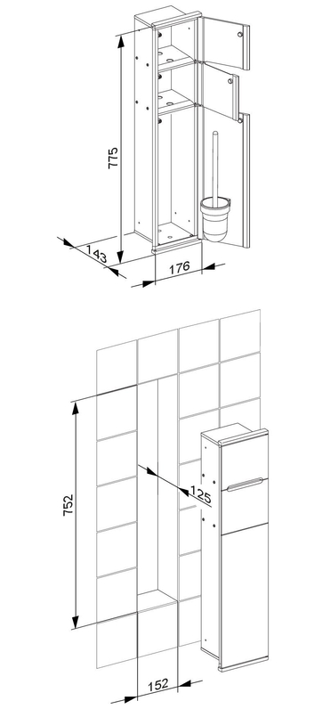 Modul k WC 1 Keuco Plan Integral, 176 x 775 x 143 mm, pochromováno/bílý lak/vlevo