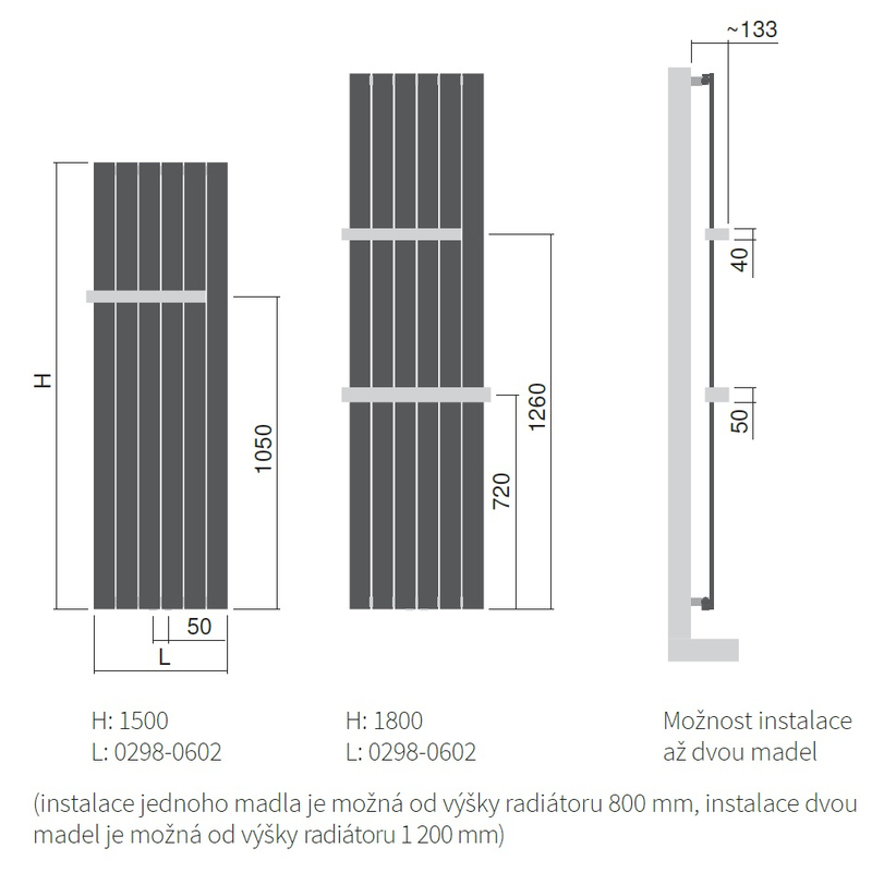 Těleso topné designové Isan Collom 1800 x 298 mm, 593 W, středové připojení, sněhově bílá RAL 9016