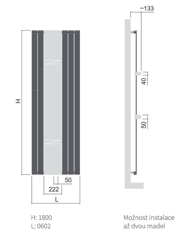 Těleso topné designové Isan Collom Mirror 1800 x 602 mm, 840 W, středové připojení, sněhově bílá RAL 9016