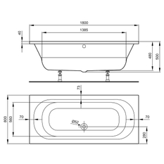 Akrylová, obdélníková vana Optiline Optiset odpad uprostřed 180 x 80 cm