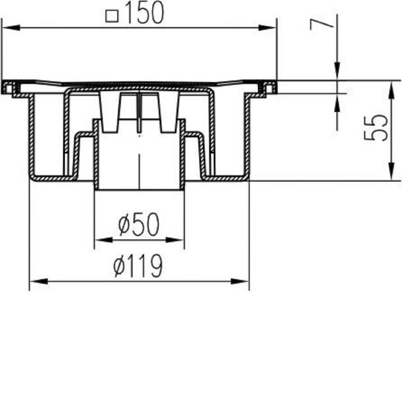 Podlahová vpusť DN50/55 P 150 x 150 mm plast 320 P