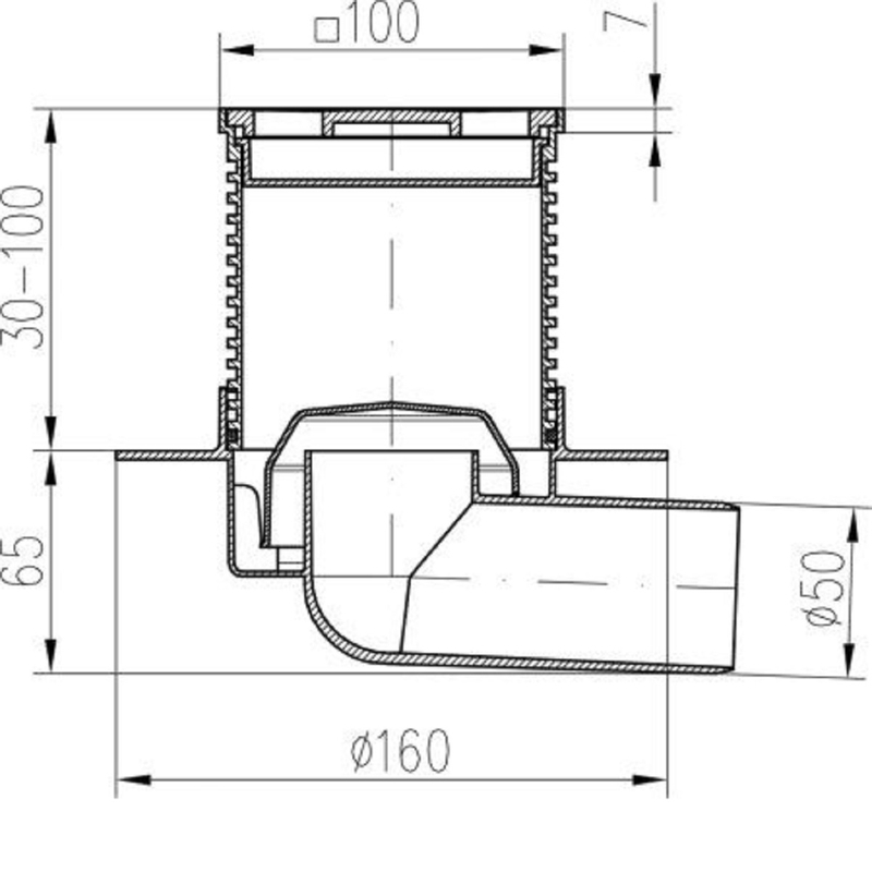 Podlahová vpusť boční s límcem PVB50 N L1 DN50 100 x 100 mm nerezová mřížka 411 L