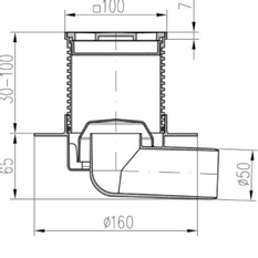 Podlahová vpusť boční s límcem PVB50 N L1 DN50 100 x 100 mm nerezová mřížka 411 L