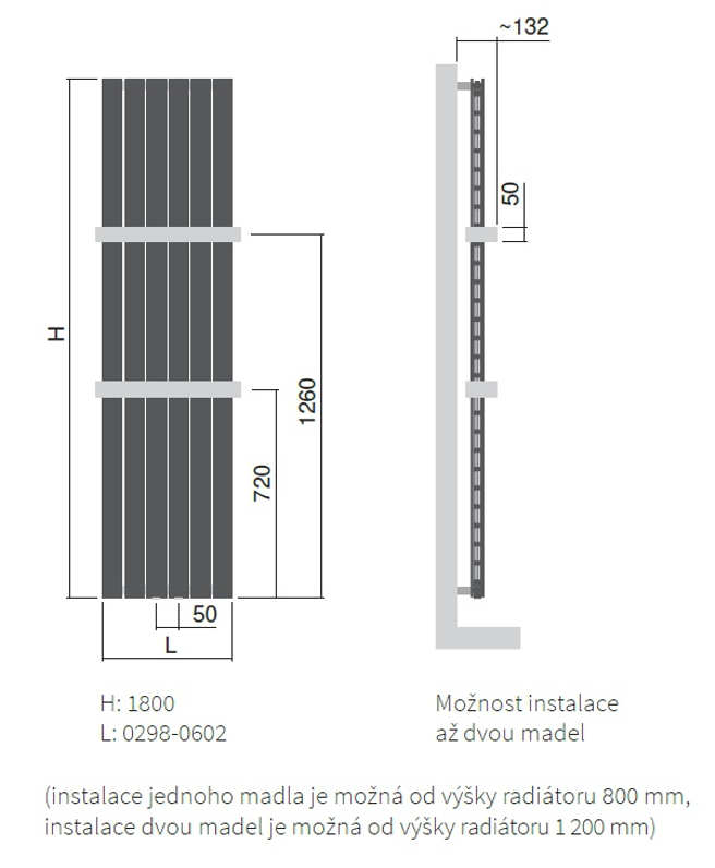 Těleso topné designové Isan Collom Double 1800 x 298 mm, 872 W, středové připojení, sněhově bílá RAL 9016