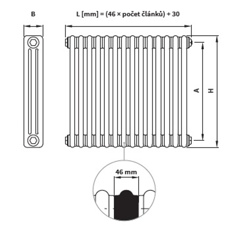 Radiátor článkový Isan Atol C2 1800, 2 článků, 258 W, uchycení na zeď , připojení AD, bílá