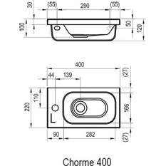 Umývátko Ravak Chrome 40 L, s otvorem pro baterii, bez přepadu