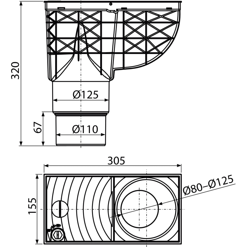 Univerzální lapač střešních splavenin Alcadrain (Alcaplast) 300 x 155/125/110 mm přímý, šedá AGV4S