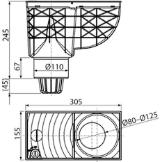 Univerzální lapač střešních splavenin Alcadrain (Alcaplast) 300 x 155/110 mm přímý, šedá AGV1S