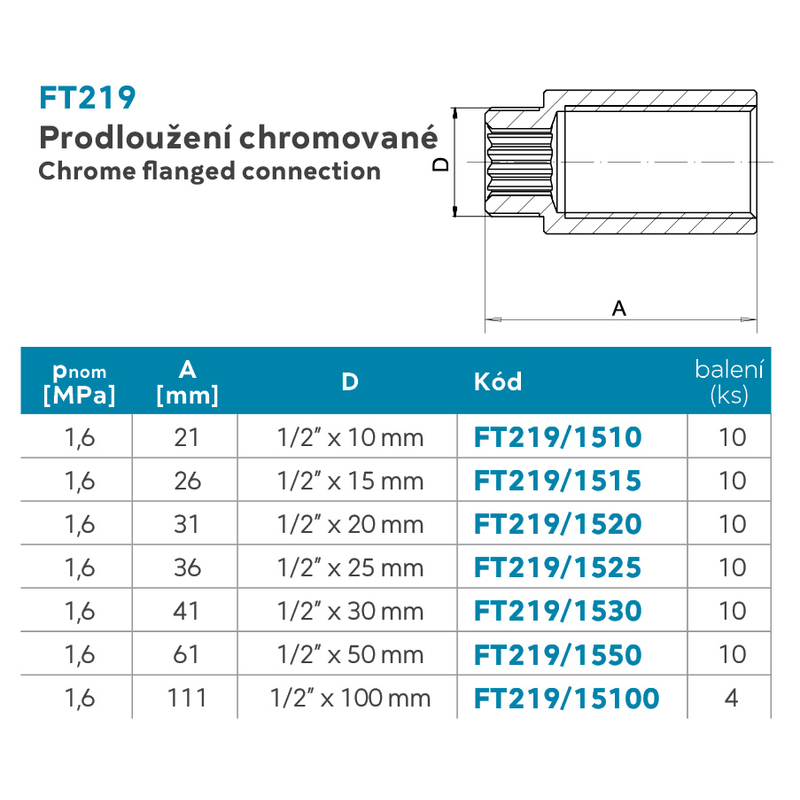 Prodloužení chromované 1/2˝x30mm