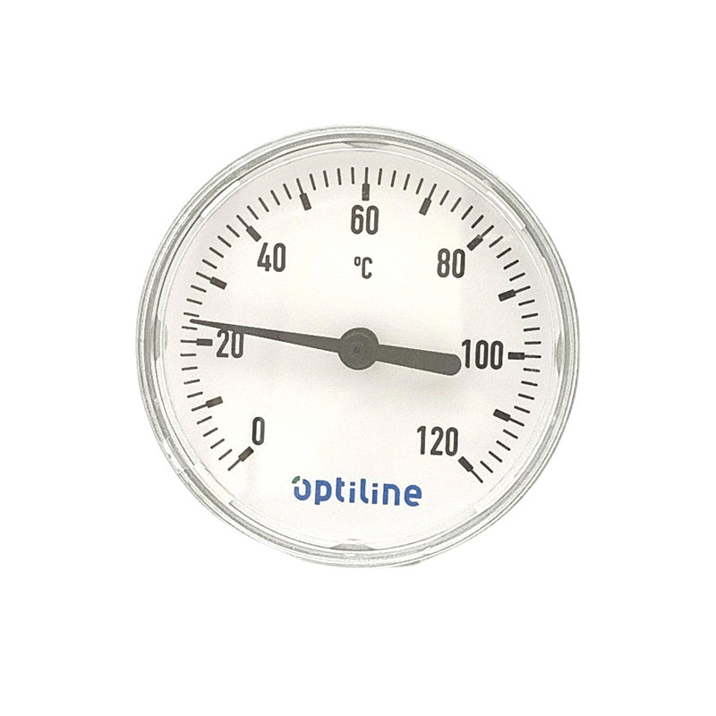 Bimetalový teploměr Optiline průměr 63 mm, jímka 60 mm, MS R 1/2˝ 0 -120 °C