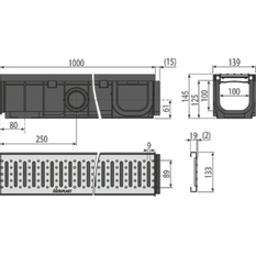 Venkovní žlab 100 mm s plastovým rám Alcadrain (Alcaplast) em a pozinkovaným roštem „C“ profilu A15 AVZ102-R102