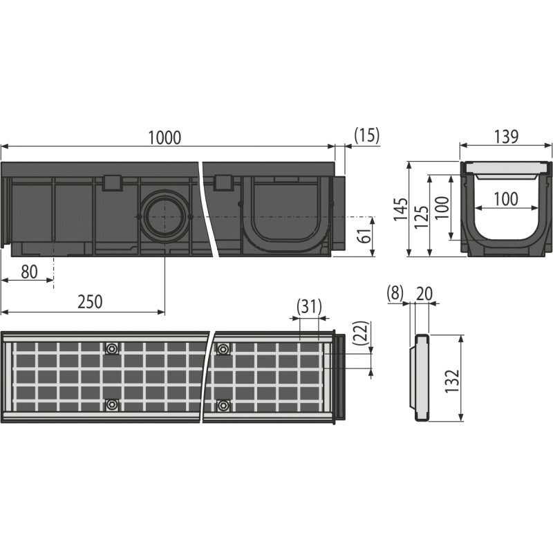 Venkovní žlab 100 mm s plastovým rám Alcadrain (Alcaplast) em a pozinkovaným roštem B125 AVZ102-R103