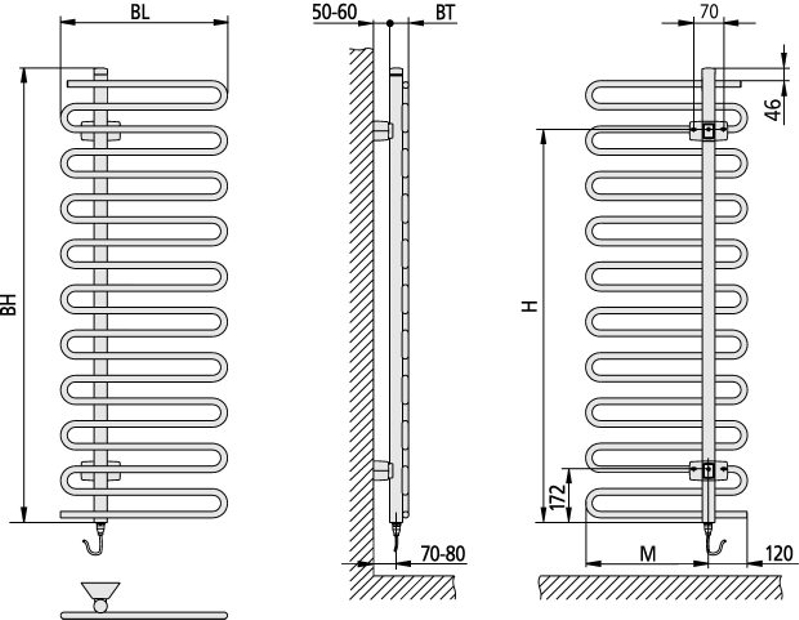 Těleso koupelnové trubkové Kermi Icaro-E 1421 x 400 mm, elektrosada WFS vlevo 400 W, stříbrné