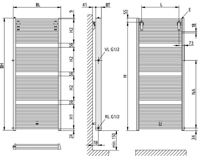 Těleso koupelnové trubkové pro rekonstrukce Kermi Duett-D 1492 x 634 mm, levé, 1332W, stříbrné