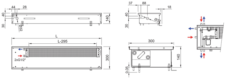 Konvektor podlahový s přirozenou konvekcí Isan Termo FRK 140 x 300 x 2300 mm, 1105 W, připojení vlevo, výměník ocelový, mřížka Natur příčná rolovací hliník