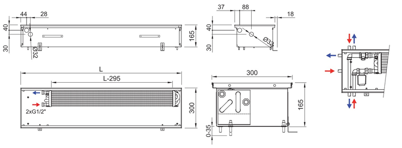 Konvektor podlahový s přirozenou konvekcí Isan Termo FRK 165 x 300 x 900 mm, 349 W, připojení vlevo, výměník ocelový, mřížka Natur příčná rolovací hliník