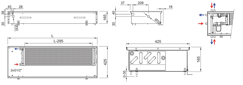 Konvektor podlahový s přirozenou konvekcí Isan Termo FRK 165 x 425 x 1100 mm, 797 W, připojení vlevo, výměník ocelový, mřížka Natur příčná rolovací hliník