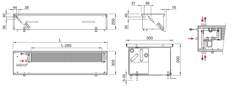 Konvektor podlahový s přirozenou konvekcí Isan Termo FRK 200 x 300 x 1000 mm, 413 W, připojení vlevo, výměník ocelový, mřížka Natur příčná rolovací hliník