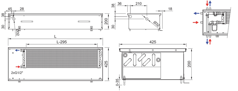 Konvektor podlahový s přirozenou konvekcí Isan Termo FRK 200 x 425 x 900 mm, 649 W, připojení vlevo, výměník ocelový, mřížka Natur příčná rolovací hliník