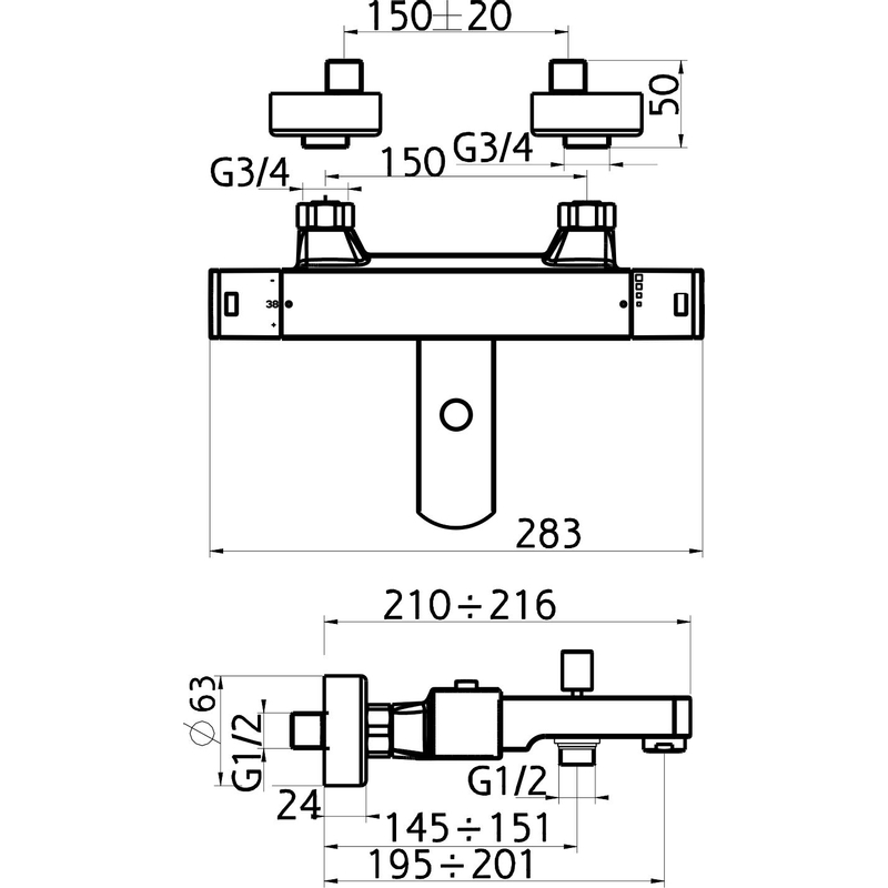 Vanová termostatická baterie,150 mm bez příslušenství chrom