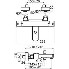 Vanová termostatická baterie,150 mm bez příslušenství chrom