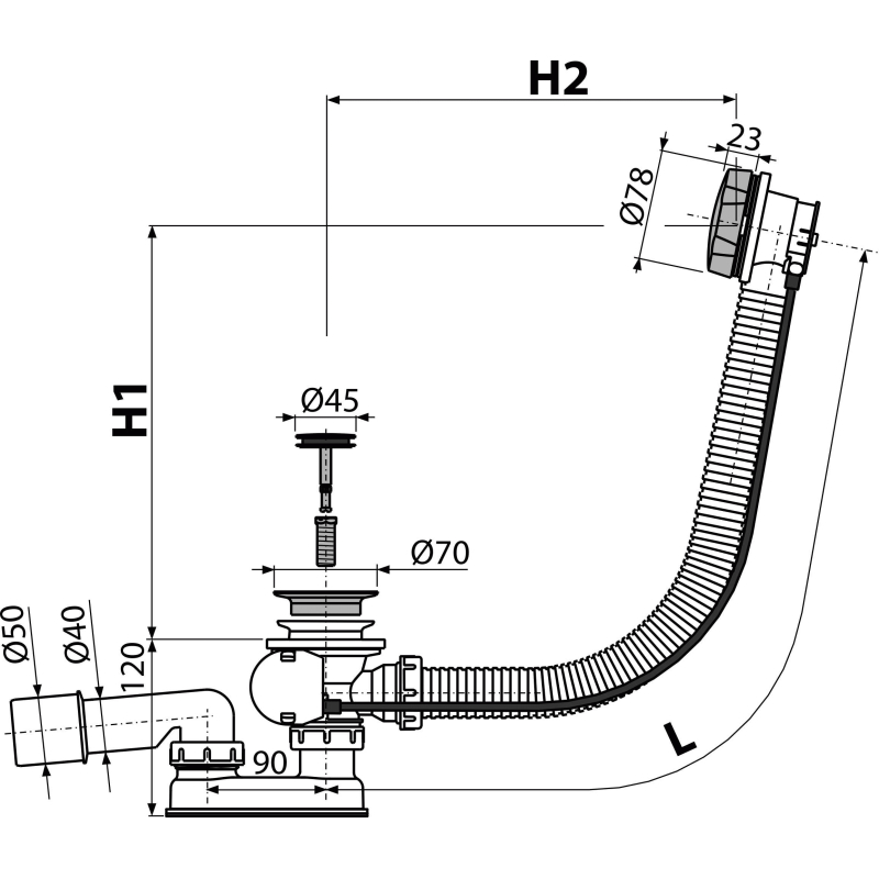 Sifon vanový Alcadrain (Alcaplast) automat komplet, kov A55K-120