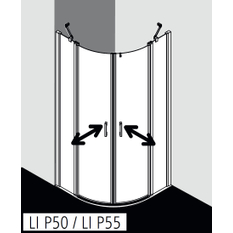 Čtvrtkruhový sprchový kout s kyvnémi dveřmi a pevnými poli Kermi Liga LIP55 R550 stříbrná vysoký lesk, čiré ESG sklo s úpravou 90 x 90 x 200 cm