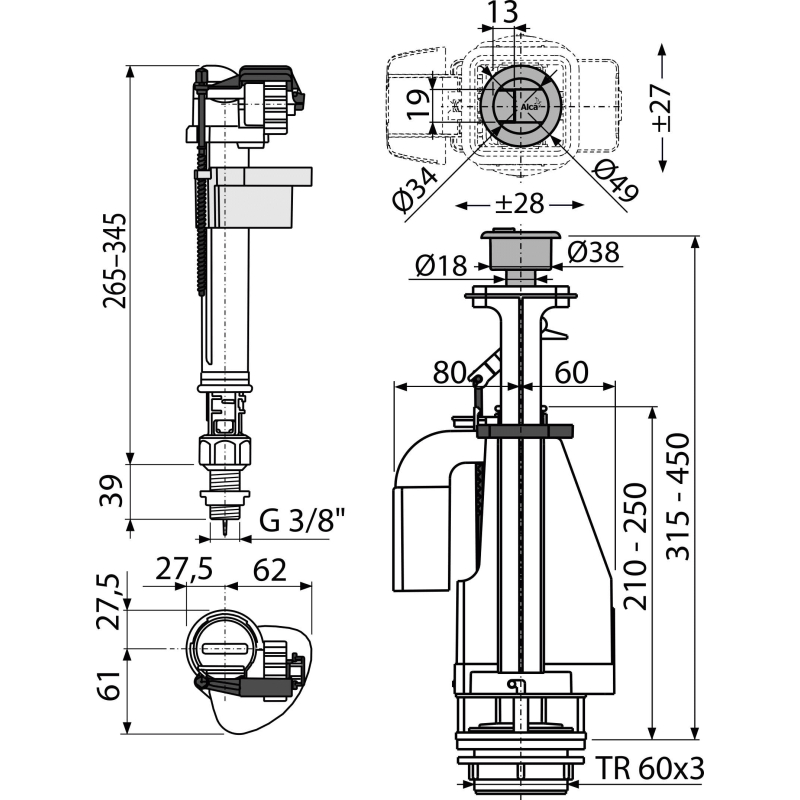 Splachovací souprava Alcadrain (Alcaplast) s dvoutlačítkem SA08AS 3/8 CHROM