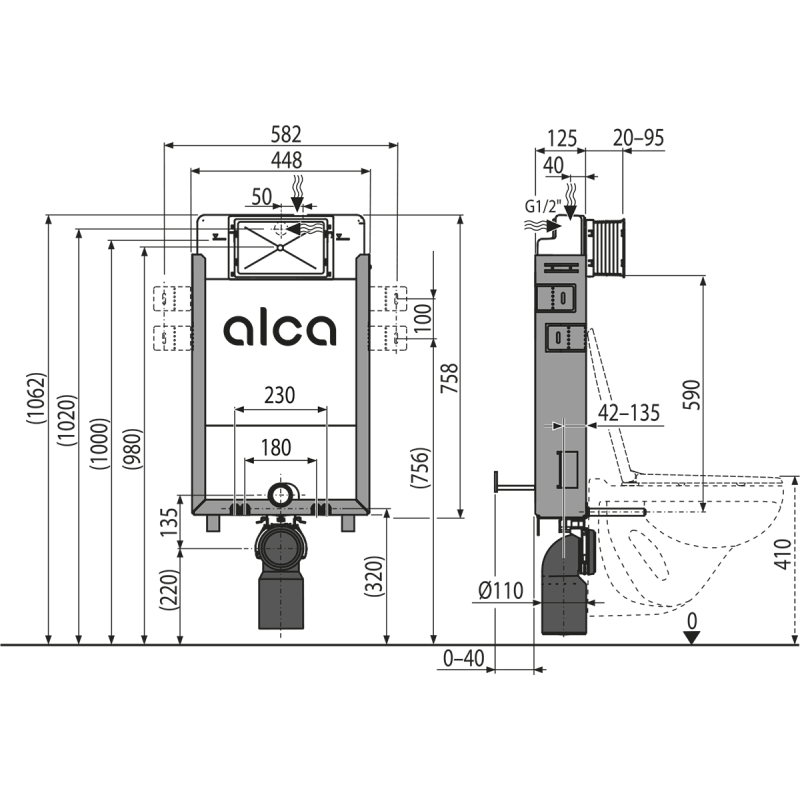 Předstěnový instalační systém Alcadrain (Alcaplast) ECOLOGY pro zazdívání AM115/1000E