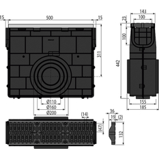 Venkovní žlabová vpust pro AVZ103 s kovovým rám Alcadrain (Alcaplast) em a kompozitním roštem C250 AVZ103R-R403