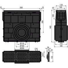 Venkovní žlabová vpust pro AVZ104 s plastovým rám Alcadrain (Alcaplast) em a kompozitním roštem B125 AVZ104R-R402