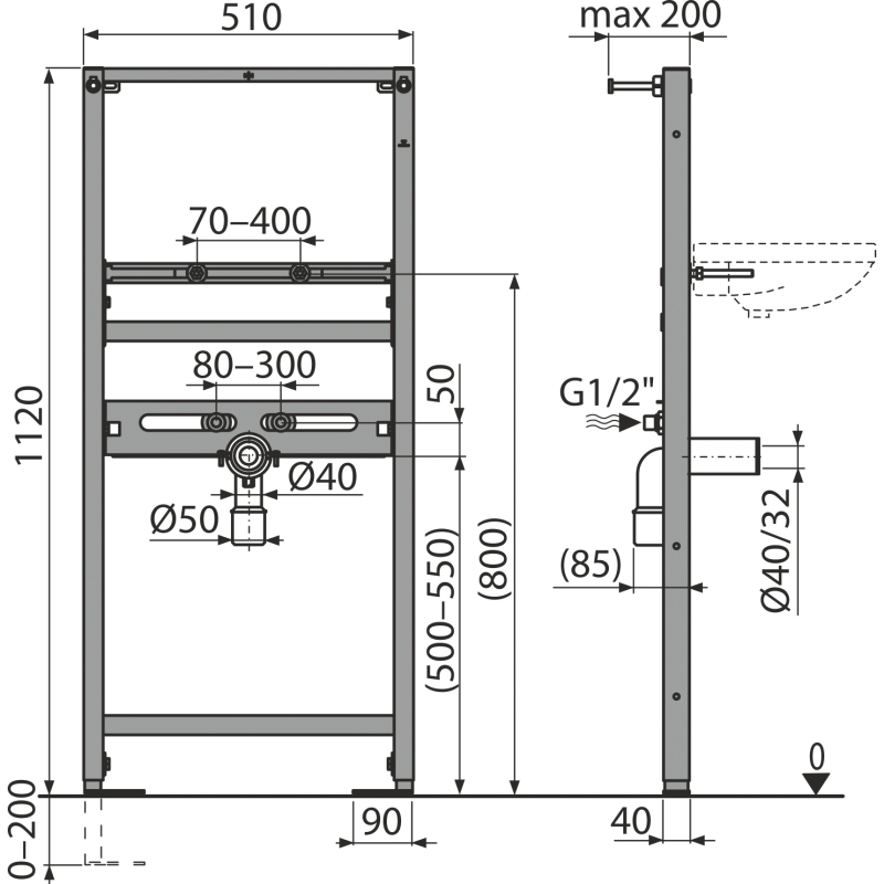 Montážní rám Alcadrain (Alcaplast) pro umyvadlo A104/1120