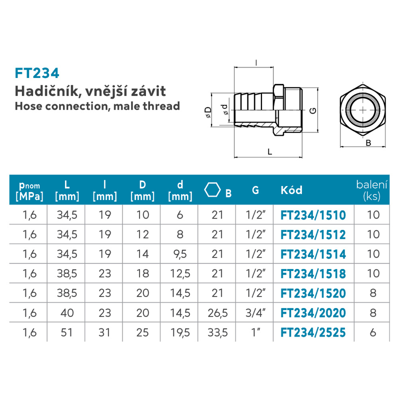 Hadičník, vnější závit 1/2˝x10mm