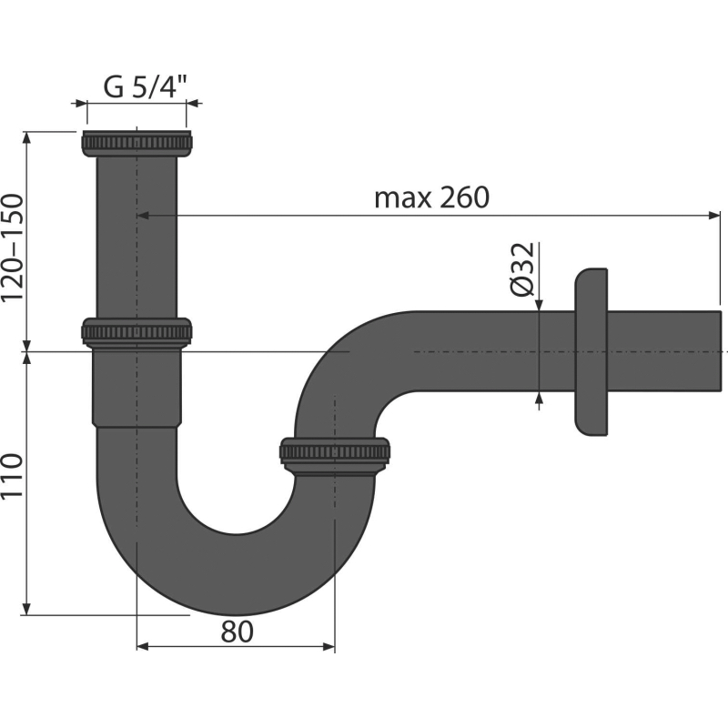 Sifon umyvadlový Alcadrain (Alcaplast) „U“ DN32 s převlečnou maticí 5/4˝, černá-mat A4320BLACK