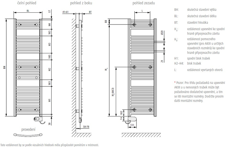 Koupelnové trubkové elektrické těleso Kermi B20-RE prohnuté, boční připojení, 764 x 390 mm, bílé