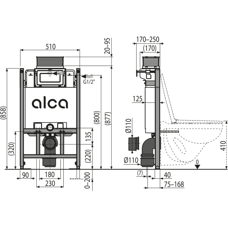 Předstěnový instalační systém Alcadrain (Alcaplast) pro suchou instalaci (do sádrokartonu) s ovládáním shora nebo zepředu AM118/850