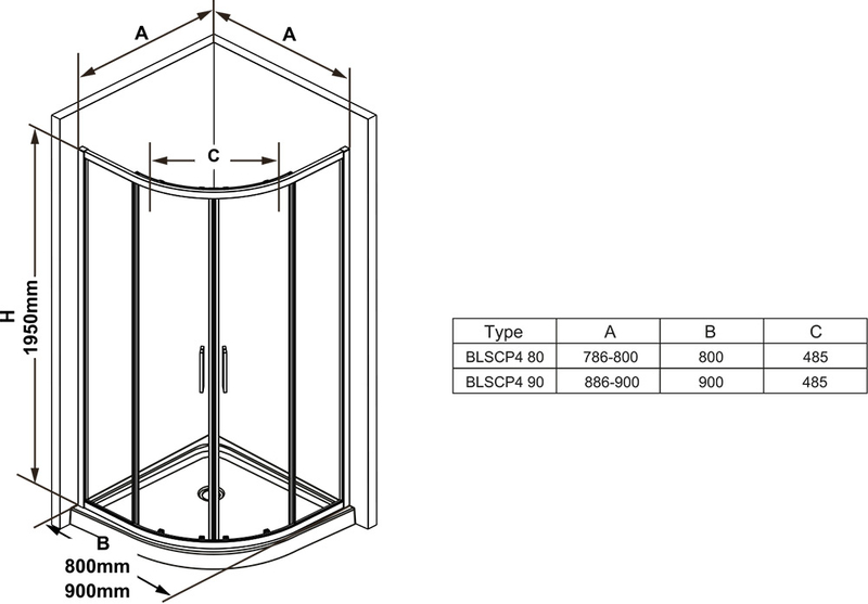 Sprchový kout Ravak BLSCP4 90x90, lesk+transparent