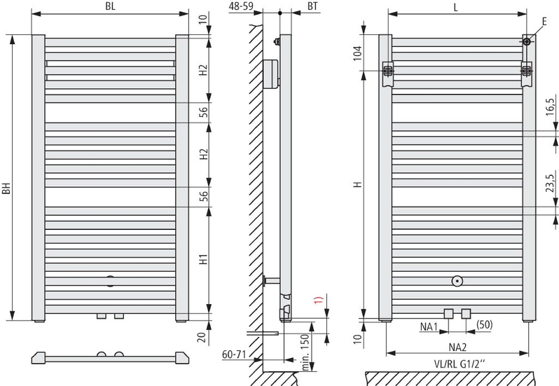 Těleso koupelnové trubkové Kermi Geneo quadris 1494 x 447 mm, středové připojení, 617 W, bílé