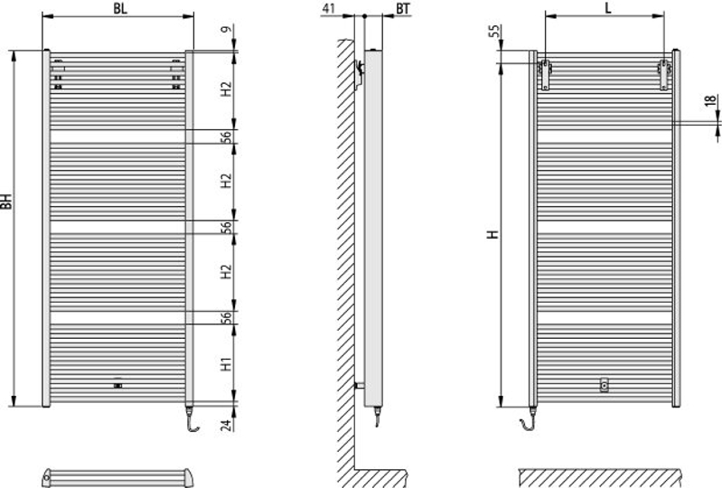 Těleso koupelnové trubkové elektrické Kermi Duett-E 1188 x 484 mm, elektrosada WKS vpravo 800W, bílé